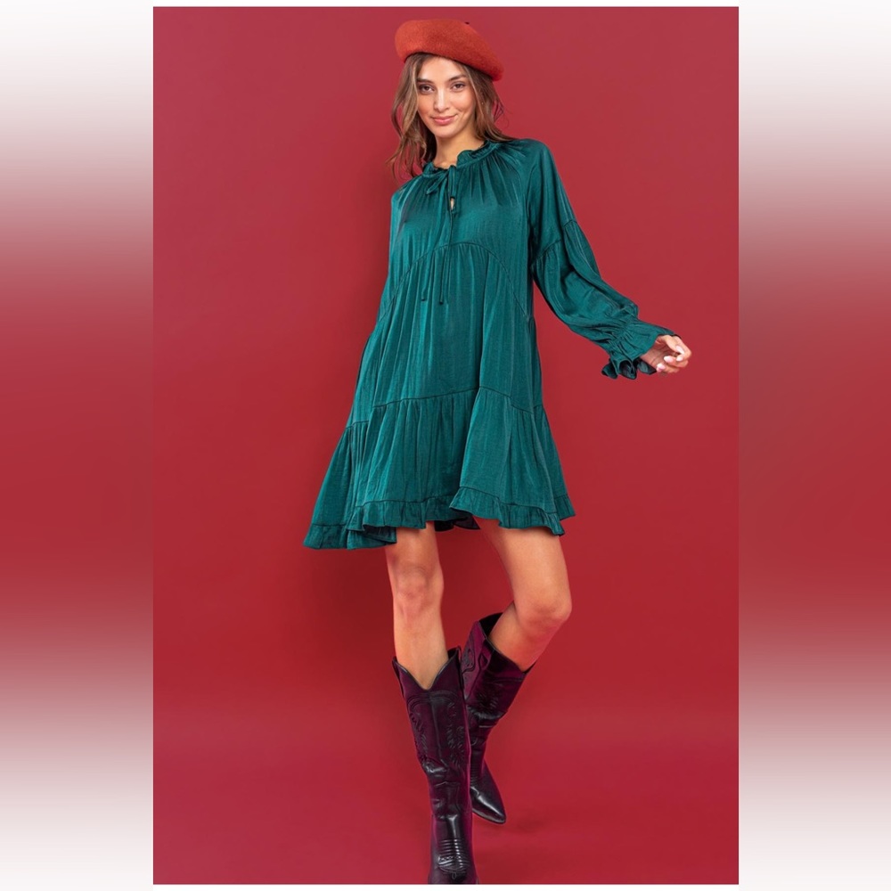 01 Washed Satin Tie Front Tiered Flowy Dress - Picture 1 of 5